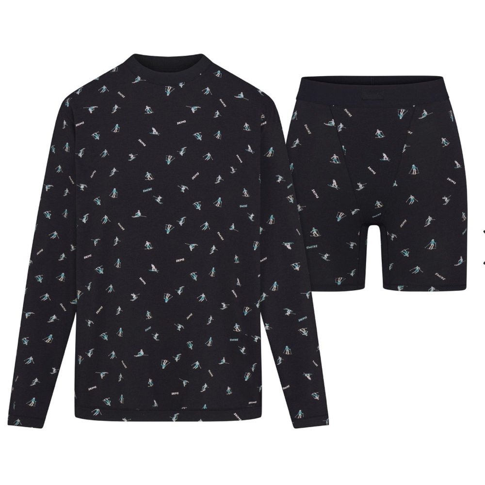 SKIMS Boyfriend Long Sleeve T-Shirt & Boxer Set Washed Onyx Ski Print Limited Ed